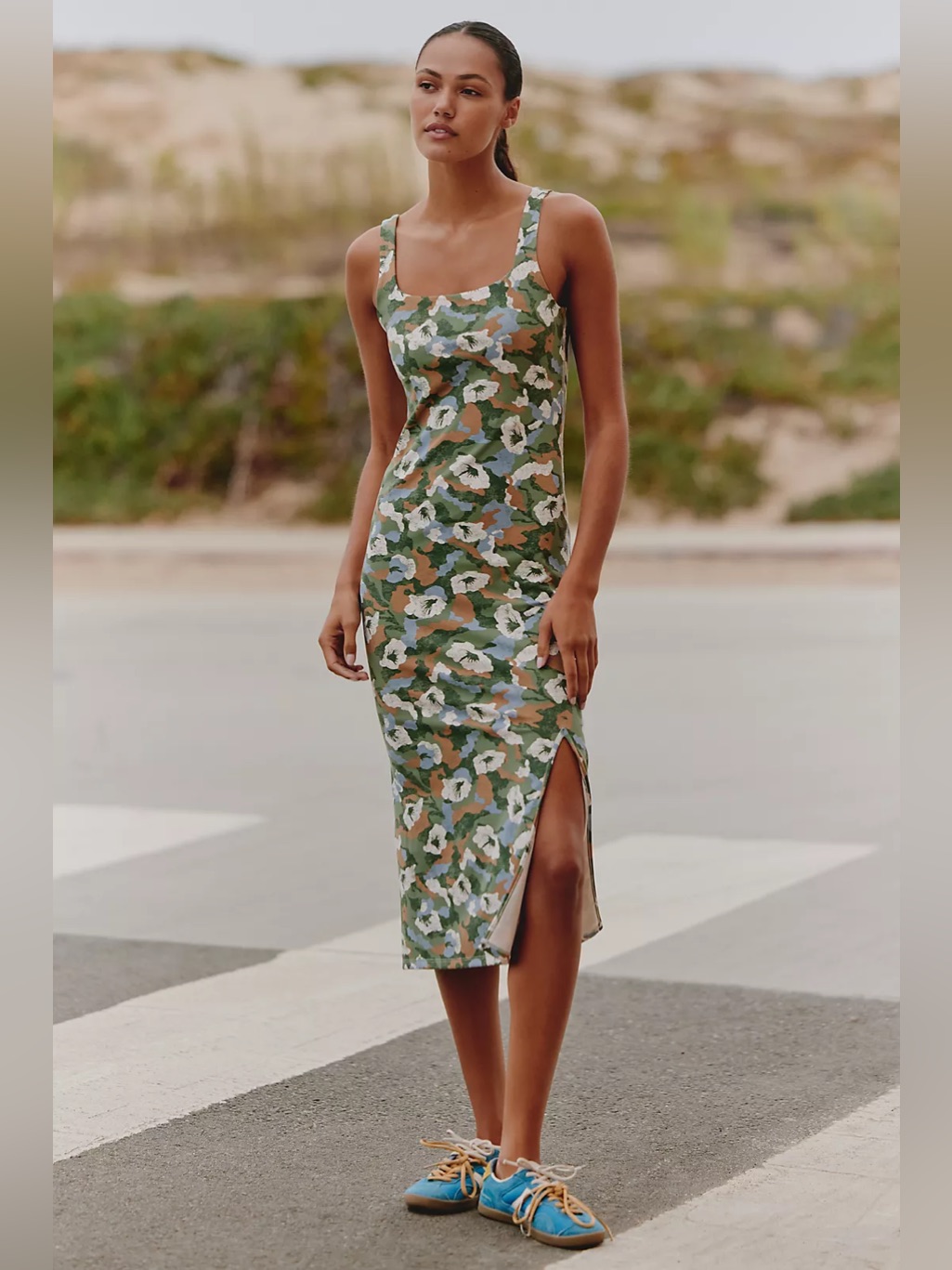 Daily Practice Anthropologie Green Floral Square Neck Midi Dress In Waypoint